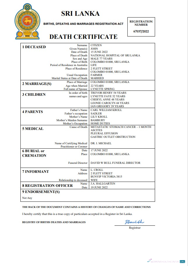 Download Sri Lanka vital record death certificate Word and PDF template Photoshop template
